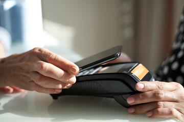 Female client paying with cellphone via pos machine