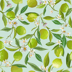 Vector Lime Floral Background, Seamless Fruit Pattern, Citrus Fruits, Flowers, Leaves, Limes Branches Texture