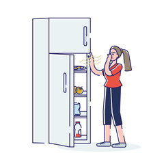 Woman opening fridge with spoiled smelly food covering nose to protect from stink