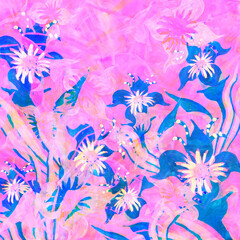 blue flowers watercolor artwork as background, colorful hand drawn illustration, creative artwork