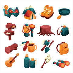 Cute Colorful Camping Item Icon Set
