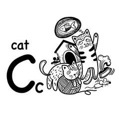 Hand drawn.Alphabet Letter C-cat illustration, vector