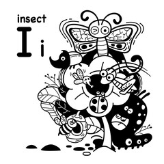 Hand drawn.Alphabet Letter I-insect illustration, vector