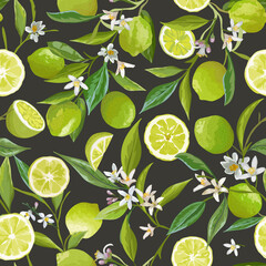 Lime Citrus Seamless Pattern. Floral Fruit Vector Illustration Background. Vintage Romantic Garden Print, Texture