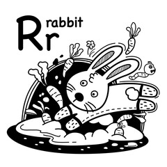 Hand drawn.Alphabet Letter R-rabbit illustration, vector