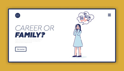 Landing page with woman choosing between career or family. Template background with female doubting