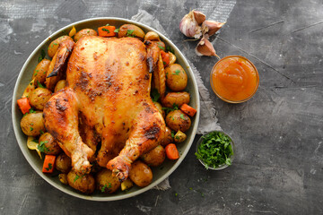 Whole baked chicken. Free space for text. Grey background. Chicken with potatoes, garlic and carrots. Top view