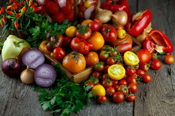Tomatoes, peppers, onions on the table. Preservation of the autumn harvest of vegetables. Glass jar with pickled tomatoes. Wooden background. Vegetable food. Still life. Tomato of different varieties.