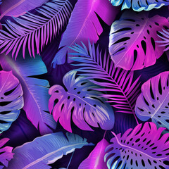 Seamless Neon Tropic Pattern, Vector Summer Holiday Monstera Palm Leaves Design, Tropical Disco Background