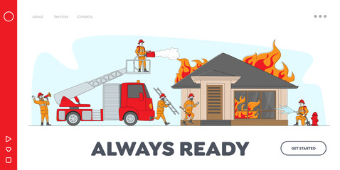 Firemen Fighting with Blaze Landing Page Template. Characters Spraying Water from Fire Fighter Truck Hose and Hydrant