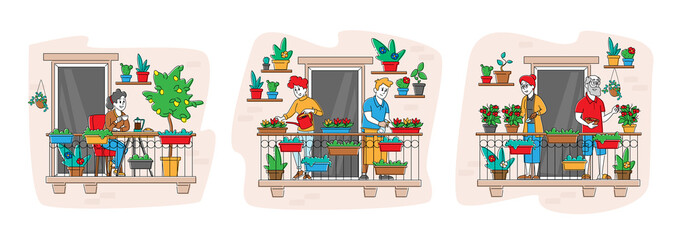 Set Male and Female Characters Care of Home Plants at Balcony Garden Seniors Harvesting Ripe Tomatoes, Watering Flowers