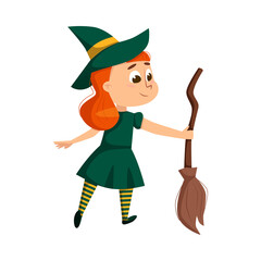 Little Witch Holding Broom, Cute Redhead Girl Wearing Green Dress and Hat Practicing Witchcraft Cartoon Style Vector Illustration