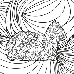 Square line pattern on white. Hand drawn cat. Print for flyers and banners. Black and white illustration