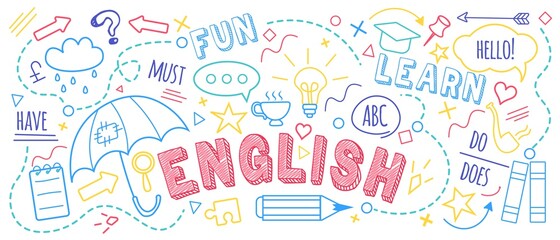 English language learning concept vector illustration. Doodle of foreign language education course for home online training study. Background design with english word art illustration - obrazy, fototapety, plakaty
