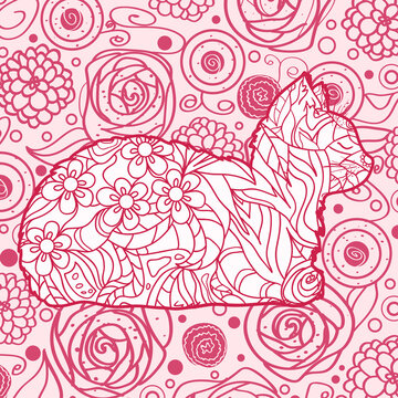 Square intricate background. Hand drawn pattern with cat. Design for spiritual relaxation for adults