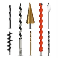 Vector realistic drill bits and auger for various types of materials on white background. Drills for metal, wood and tile. Professional tools for carpenter and locksmith. - obrazy, fototapety, plakaty