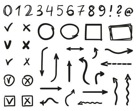 Signs and symbols on isolated white background. Abstract numbers. Hand drawn elements. Black and white illustration