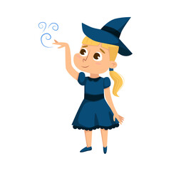 Little Witch Practicing Witchcraft, Cute Blonde Girl Wearing Blue Dress and Hat, Happy Halloween Concept Cartoon Style Vector Illustration
