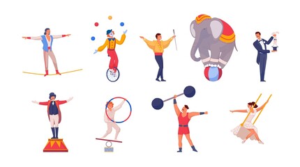 Circus performers are jugglers, acrobats, elephant, magicians and clowns vector illustration. Cartoon characters of isolated people performing circus and acrobatic tricks on white background. - obrazy, fototapety, plakaty