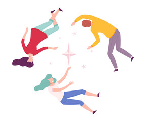 Group of People Floating in Imagination Dreams, Male and Female Person Flying in Dreams or Sky Wearing Casual or Sleepwear Clothes Flat Style Vector Illustration