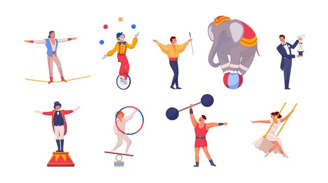 Circus performers are jugglers, acrobats, elephant, magicians and clowns vector illustration. Cartoon characters of isolated people performing circus and acrobatic tricks on white background.