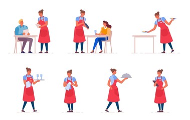 Fototapeta na wymiar Young girl waitress at work in cafe or restaurant on white background. Staff character offers menus, accepts orders, and writes checks vector illustration.