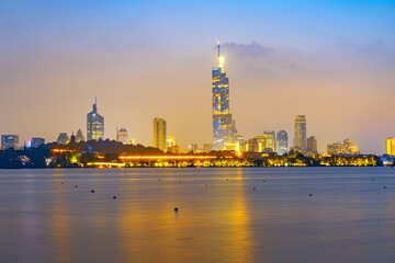 Naklejka premium Sunset beautiful skyline of Nanjing City, Jiangsu, China