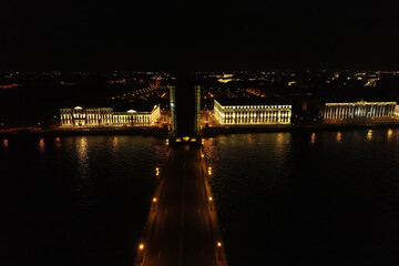Fototapeta premium Aerial Townscape of Saint Petersburg City at Night. Troitskiy Bridge
