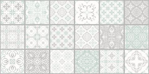  Collection of 18 ceramic tiles in turkish style. Seamless colorful patchwork from Azulejo tiles. Portuguese and Spain decor. Islam, Arabic, Indian, Ottoman motif. Vector Hand drawn background - obrazy, fototapety, plakaty