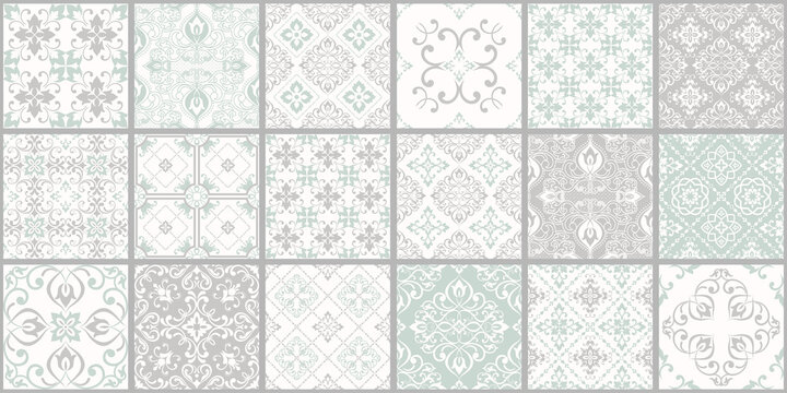  Collection of 18 ceramic tiles in turkish style. Seamless colorful patchwork from Azulejo tiles. Portuguese and Spain decor. Islam, Arabic, Indian, Ottoman motif. Vector Hand drawn background
