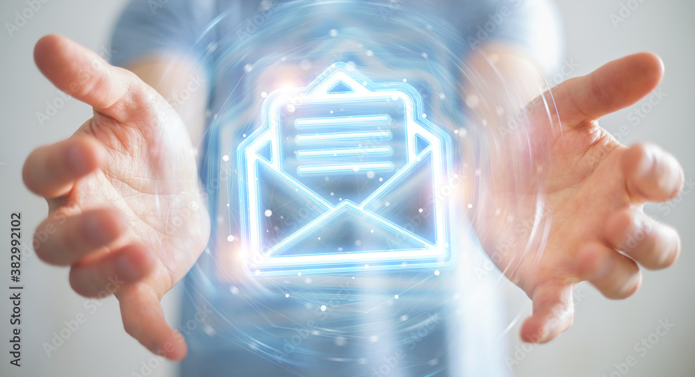 Aufkleber Man using digital email blue holographic interface 3D rendering