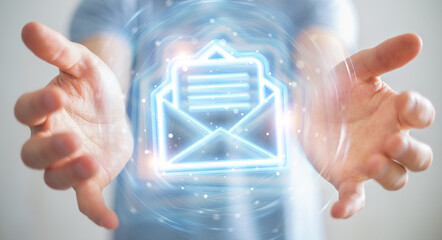 Man using digital email blue holographic interface 3D rendering