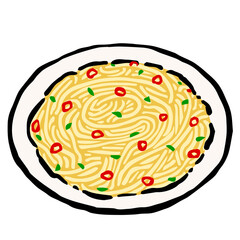 Illustration of Spaghetti aglio olio e peperoncino: Illustration like woodblock print