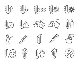 Obraz premium Temperature icons set. Collection of linear simple web icons such Thermometer and Pyrometer, Body Temperature Measurement, Elevated Temperature and others. Editable Vector Stroke 
