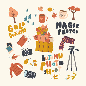 Set of Icons Fall Photo Theme. Autumn Fallen Tree Leaves, Rain Drops and Cup with Drink, Photo Camera, Lens and Pumpkin