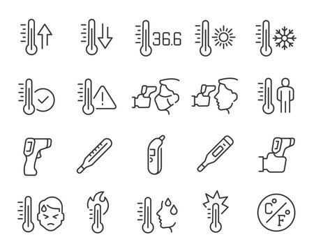 Temperature icons set. Collection of linear simple web icons such Thermometer and Pyrometer, Body Temperature Measurement, Elevated Temperature and others. Editable Vector Stroke 