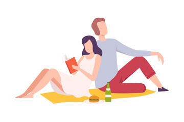 Young Couple Having Picnic in the Park, Man and Woman Relaxing Outdoors, Family Picnic, Summer Vacation, Outdoor Leisure Flat Style Vector Illustration