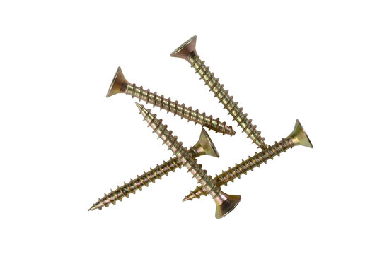 Five self tapping yellow zinc coated screws, Flat head screws in high resolution macro close up isolated on white background.