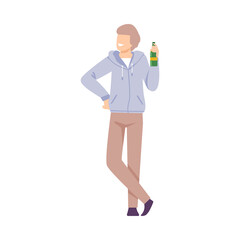Young Man Drinking Beer at BBQ Party or Picnic, Summer Vacation, Outdoor Leisure Flat Style Vector Illustration