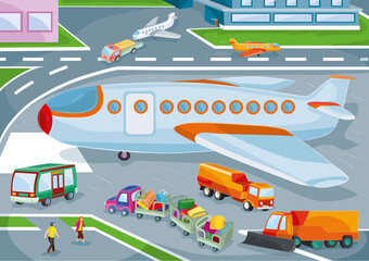 airport life illustration with planes, buses, luggage, passengers, work, vector illustration, cartoon illustration,