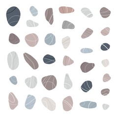 Flat sea stones collection. Pebbles of different shapes and colors set
