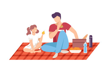 Family Having Picnic in the Park, Father and Daughter Eating and Relaxing on Nature Summer Vacation, Outdoor Leisure Flat Style Vector Illustration