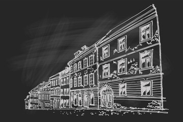 Hand drawn ink line sketch of european street. Zagreb, Croatia.