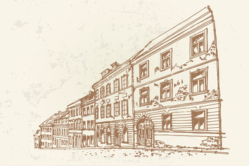 Hand drawn ink line sketch of european street. Zagreb, Croatia.