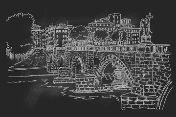 vector sketch of Sant' Angelo Bridge. Rome. Italy.