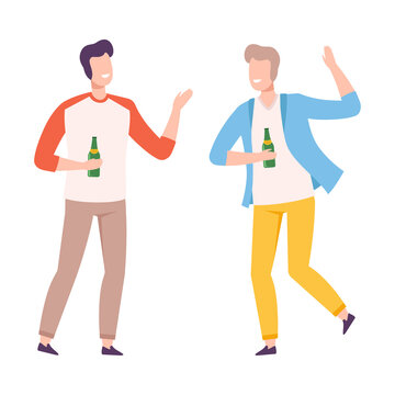 Two Young Men Drinking Beer at BBQ Party or Picnic, Summer Vacation, Outdoor Leisure Flat Style Vector Illustration