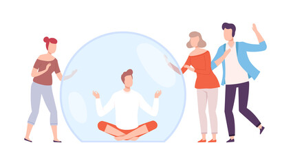 Young Man Meditating Inside Transparent Protective Bubble, Friends Trying to Reach Him, Separation from Society or Solitude Concept Flat Style Vector Illustration