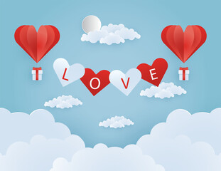 Obraz na płótnie Canvas Origami made hot air balloon flying on the sky with heart float on the sky, illustration of love and valentine day, vector paper art and craft style illustration.