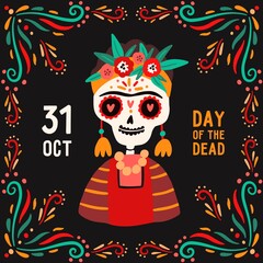 Decorative square card with Calavera Catrina skull. Flyer design for mexican national holiday Day of the dead. Festive template for Dia de los muertos. Flat vector illustration in cartoon style