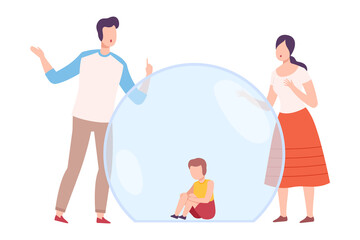 Little Boy Sitting Inside Transparent Bubble, Parents Trying to Reach Him, Separation from Society Concept Flat Style Vector Illustration
